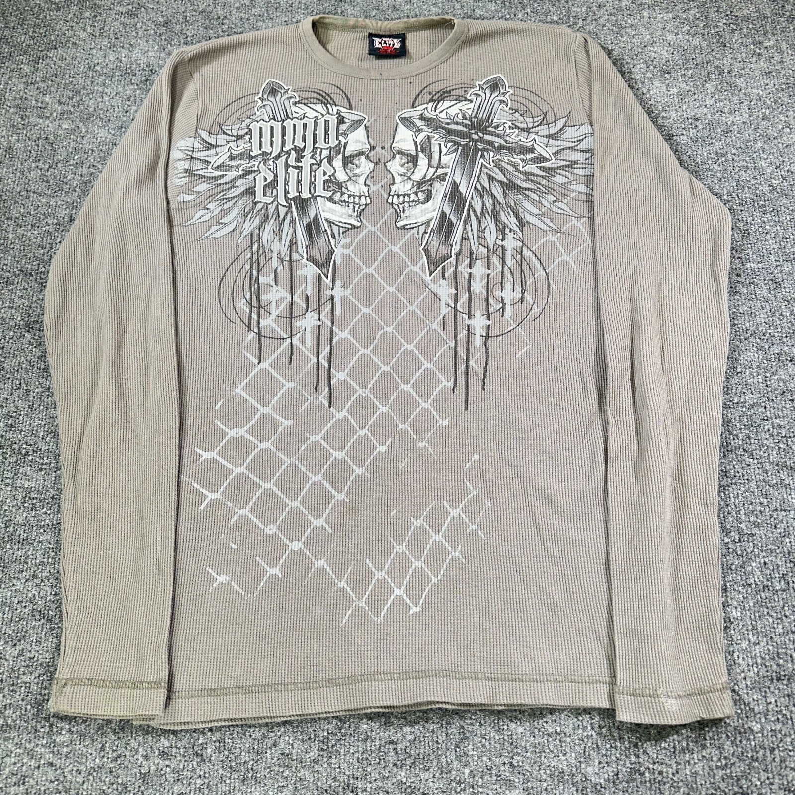 Vtg Mma Elite Thermal Shirt Mens Medium Gray Waffle Knit Wings Skulls Cross Y2k